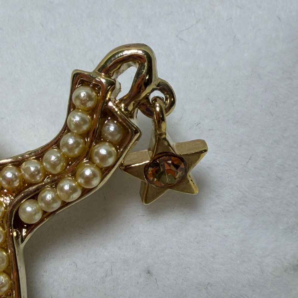 VTG Signed Liz Claiborne Gold Tone Angel Brooch‎ w/ Dangling Star Rhinestone - Picture 3 of 12